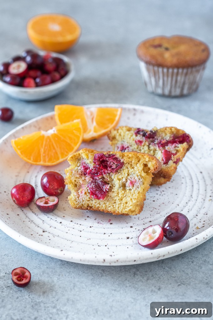 Zesty Cranberry Orange Muffins 8 A healthy cranberry orange muffin cut in half on a white plate, showcasing its moist interior, fluffy crumb, and embedded fruit.