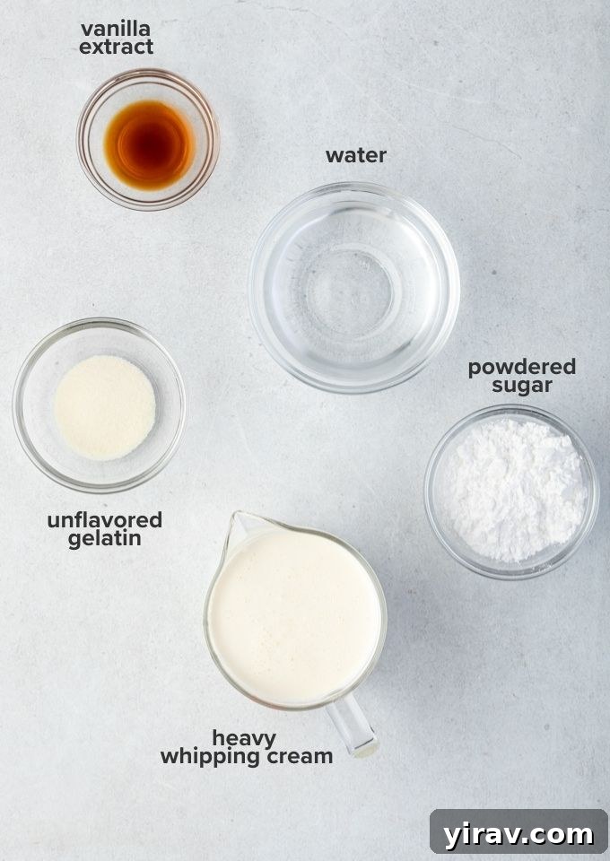 Foolproof Whipped Cream 4 Ingredients for stabilized whipped cream: heavy cream, powdered sugar, vanilla extract, and unflavored gelatin