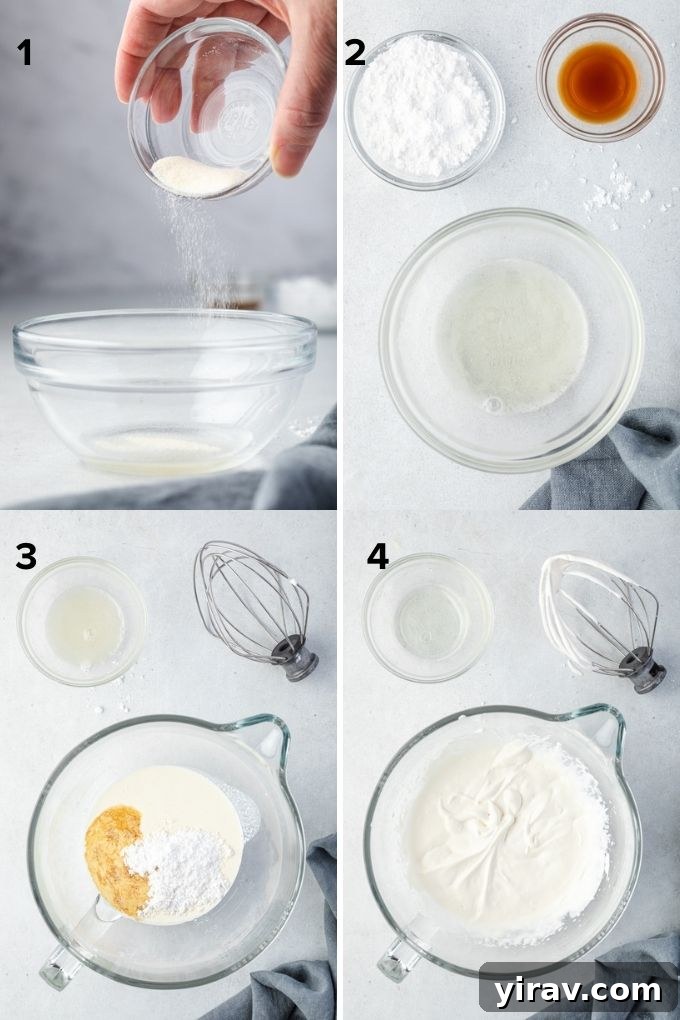 Foolproof Whipped Cream 5 Collage showing the steps to make stabilized whipped cream: blooming gelatin, whipping cream, and final product