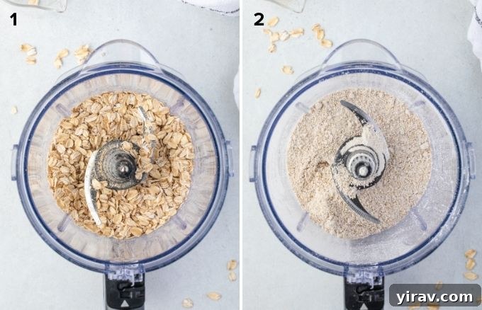 Homemade Oat Flour: Simple & Quick 6 A collage showing the two simple steps to make oat flour: placing oats in a blender and blending until fine.