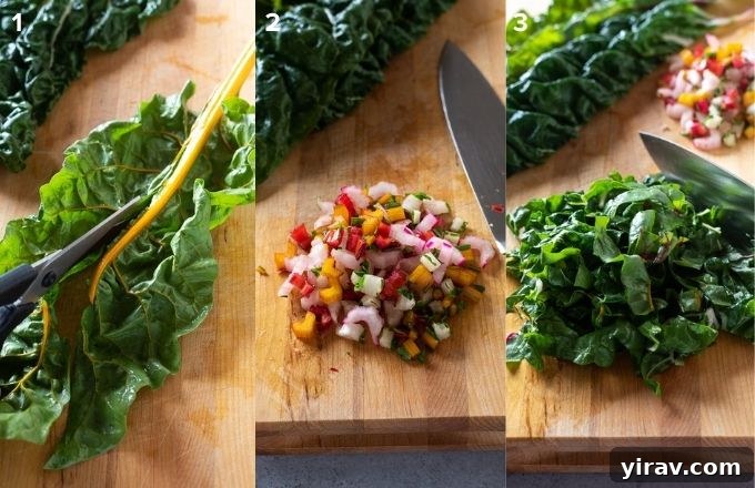 Garlicky Sautéed Swiss Chard 5 A visual guide showing how to properly prep Swiss chard by separating stems and leaves for optimal cooking.