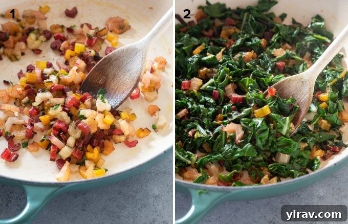 Garlicky Sautéed Swiss Chard 6 A collage demonstrating the steps to sauté Swiss chard, from cooking stems to wilting leaves, in a large skillet.
