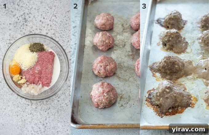 Simple Oven Roasted Meatballs 5 A visual guide showing three steps: mixing ingredients, forming meatballs on a baking sheet, and baked meatballs.