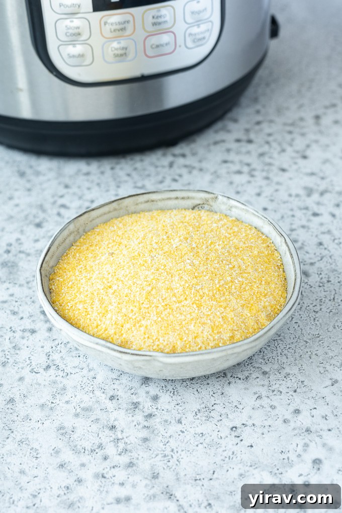 Uncooked polenta in a bowl next to Instant Pot