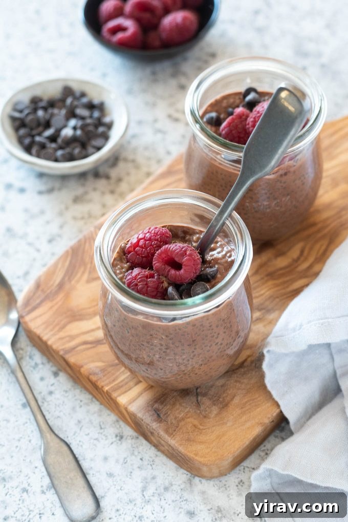 Chocolate Chia Pudding in jars with raspberries on top, a healthy and easy vegan recipe for breakfast, snacks, and dessert