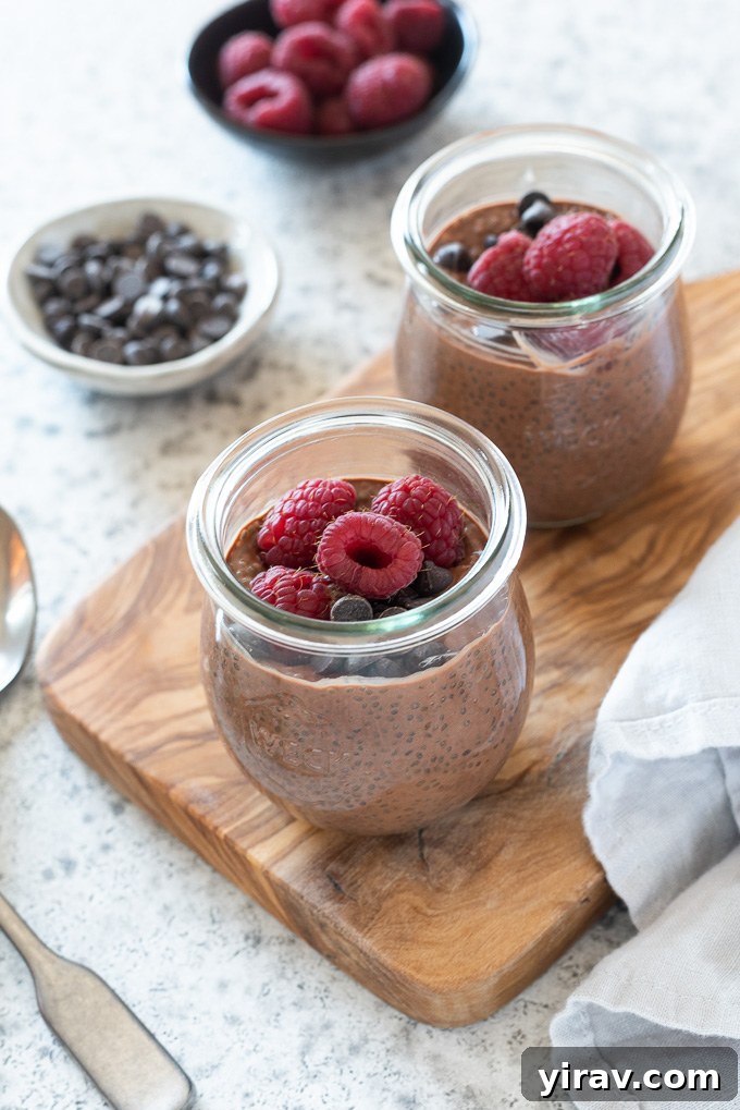 Chocolate chia pudding in jars topped with fresh raspberries and mini chocolate chips, perfect for a healthy indulgence