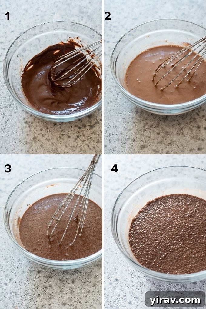 Collage showing step-by-step process of making chocolate chia seed pudding