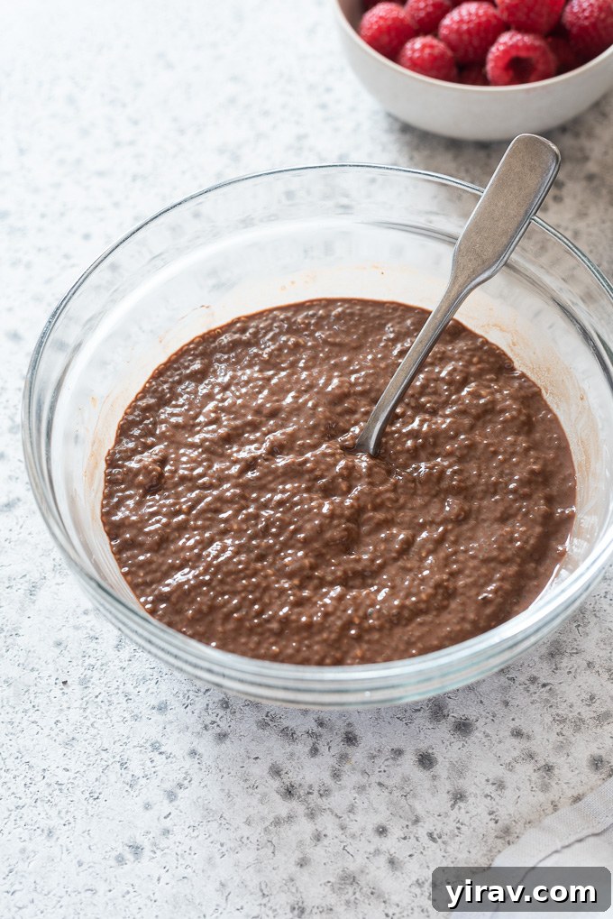 Chocolate chia pudding in a mixing bowl with a spoon ready to be stirred