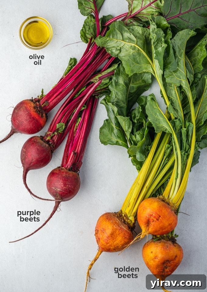 A flat lay photograph displaying the simple ingredients required for oven roasted beets: fresh beets and olive oil.
