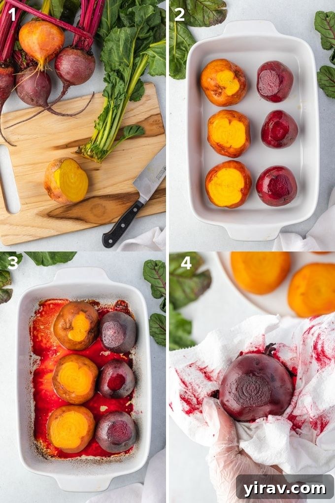 A step-by-step collage demonstrating how to prepare and roast beets in the oven.
