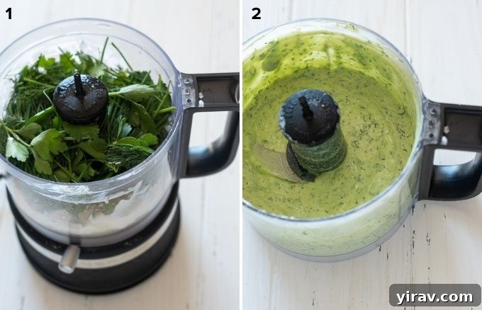 The Perfect Green Goddess Dressing 5 A visual guide showing how to combine ingredients for Green Goddess dressing in a food processor.