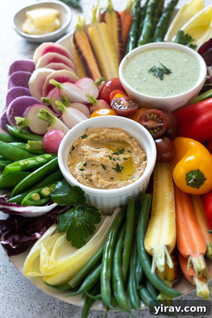 Crudite platter with veggies, hummus and green goddess dressing