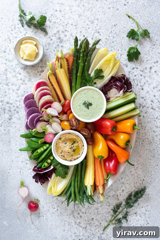 Crudités platter with veggies, dips and herbs