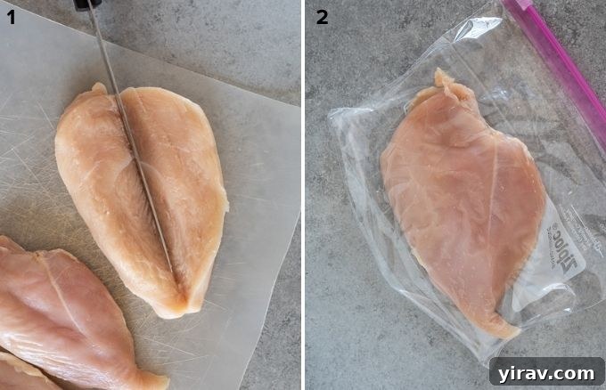 Deliciously Simple Chicken Piccata 5 Collage showing how to butterfly and pound chicken breast for even thickness.