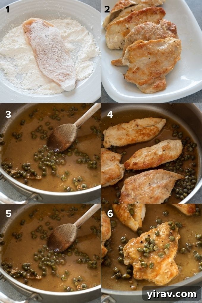 Deliciously Simple Chicken Piccata 6 Collage showing steps for cooking chicken piccata, including dredging, searing, and simmering in sauce.