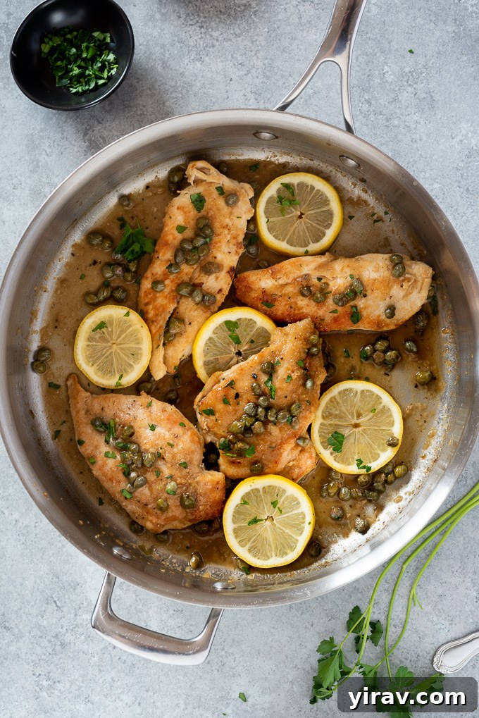 Deliciously Simple Chicken Piccata 7 Chicken piccata simmering in a pan with lemon slices and capers.