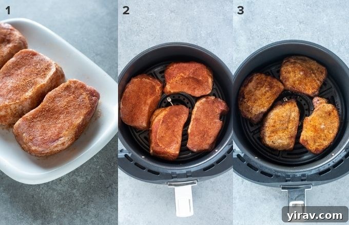 A visual guide showing the preparation steps for air fryer pork chops: seasoning the meat and placing it in the air fryer basket.