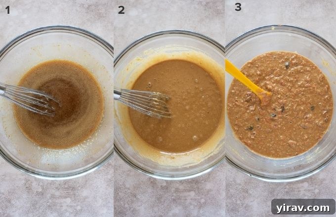 A visual collage illustrating the process of preparing morning glory muffin batter, from mixing wet ingredients to adding dry and mix-ins.