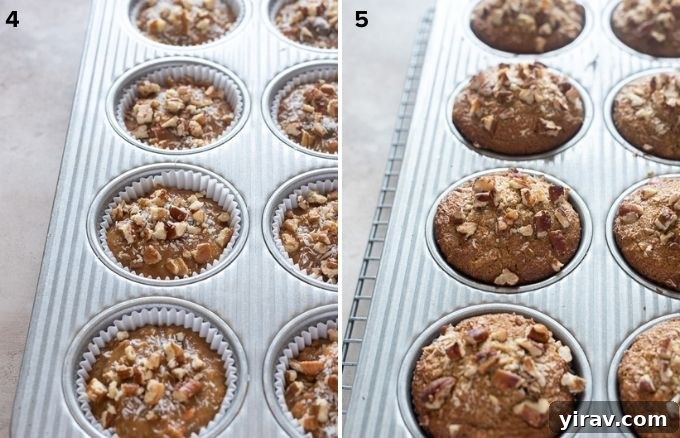 A side-by-side photo comparison of morning glory muffins before and after baking, showcasing their transformation.