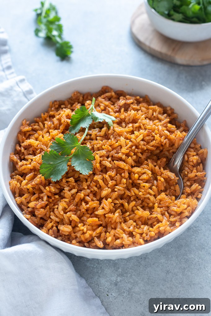Spoon dug into bowl of Mexican rice, showing its fluffy texture