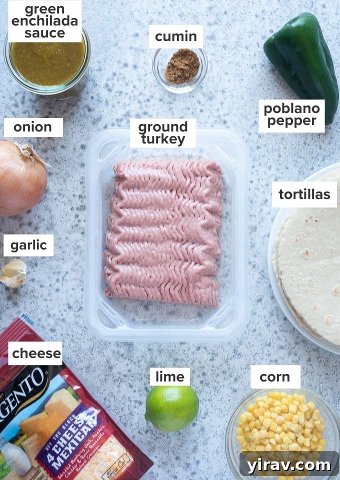 Lean Green Turkey Enchiladas 4 Various ingredients laid out for making green enchiladas.
