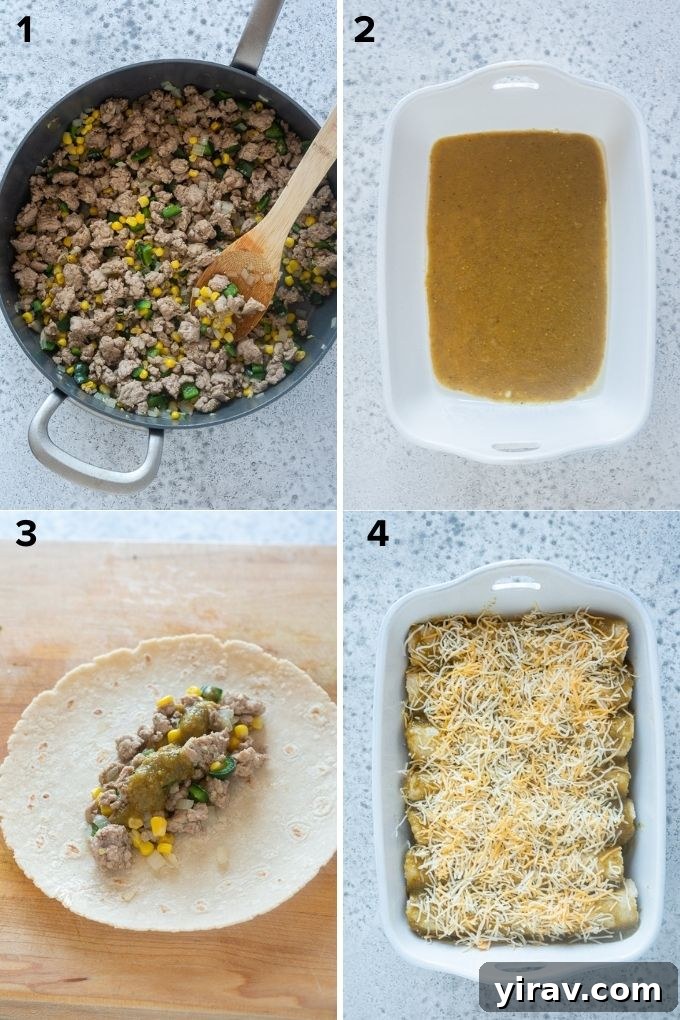 Lean Green Turkey Enchiladas 5 Step-by-step images showing how to make green enchiladas.
