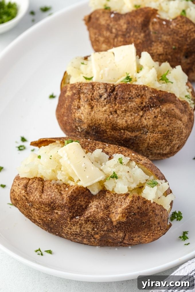 Air fryer baked potatoes on a platter with butter and fresh parsley garnish