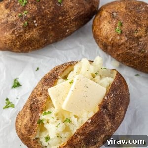 Air fryer baked potatoes with pats of butter and parsley