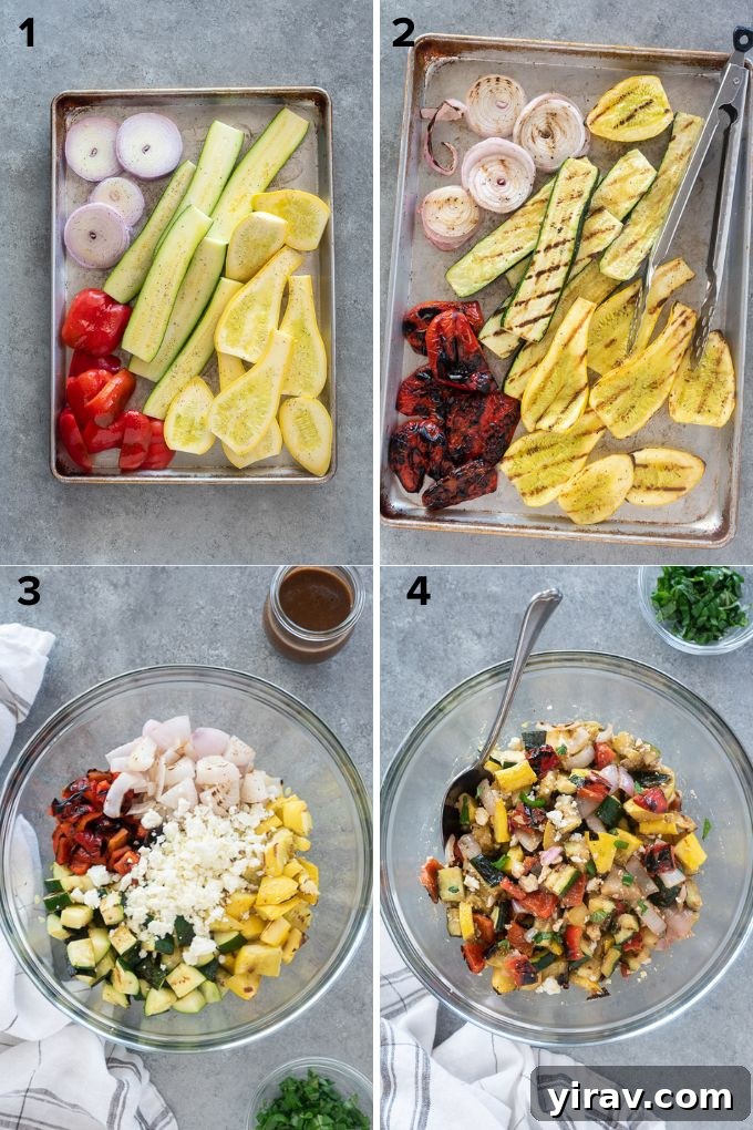 Step-by-step process of preparing grilled vegetable salad, showing chopped vegetables.