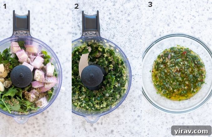 Visual steps illustrating the process of making chimichurri sauce from chopping ingredients to final mixing.
