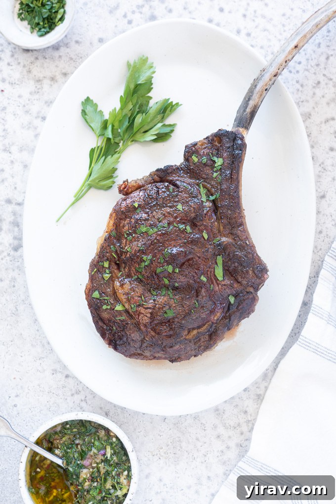 A pristine Tomahawk steak, unseasoned, waiting to be cooked, presented on a white platter with a sprig of parsley.