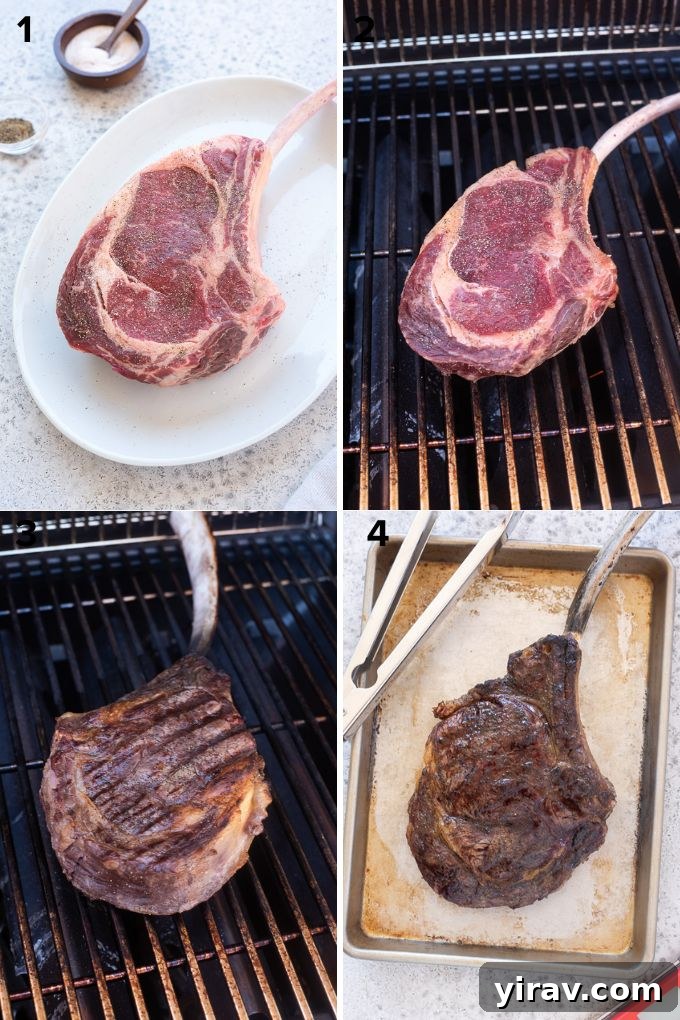 Detailed view of a Tomahawk steak being seared on a hot grill, showing perfect grill marks.
