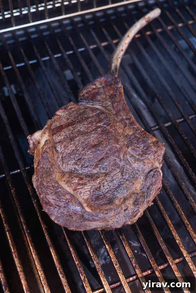 A large Tomahawk steak cooking over indirect heat on a gas grill, with perfect grill marks already visible.