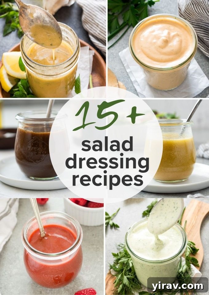 A vibrant collage showcasing various homemade salad dressing recipes in jars, including Greek, Caesar, balsamic, ranch, and Italian dressings, ready to inspire delicious salads.
