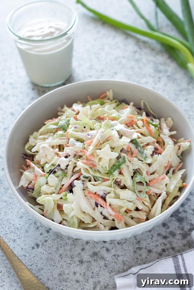 30 Refreshing Summer Salad Ideas 19 Classic Coleslaw served in a pristine white bowl.