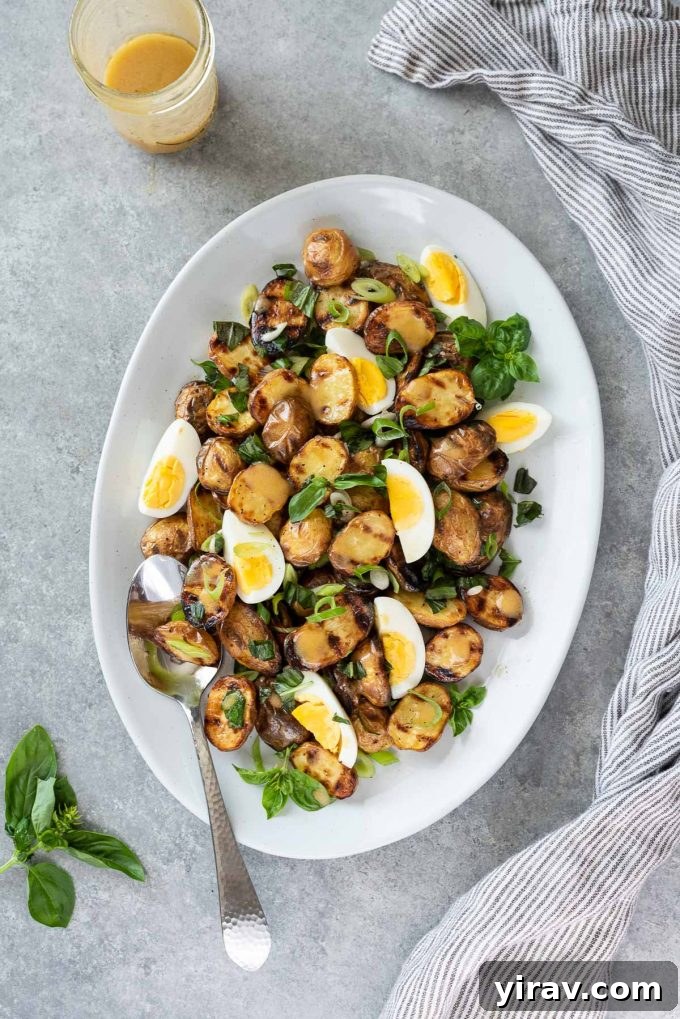 30 Refreshing Summer Salad Ideas 25 Grilled Potato Salad served on a plate with fresh basil garnish.