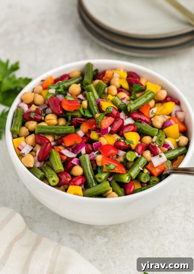 30 Refreshing Summer Salad Ideas 31 Easy Three Bean Salad in a white bowl with a spoon ready for serving.