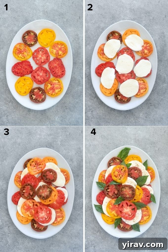 Simple Caprese Perfection 5 Step-by-step image of how to make Caprese salad, showing layers of tomato and mozzarella