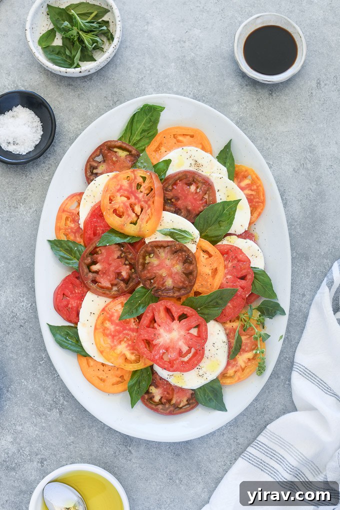 Simple Caprese Perfection 6 Caprese salad recipe close-up on a white platter