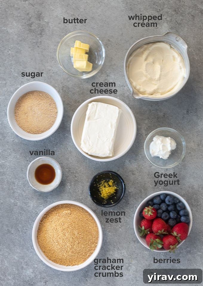 No-Bake Cheesecake Bites 4 A flat lay photograph showcasing the key ingredients for no-bake mini cheesecakes, including cream cheese, graham crackers, butter, sugar, and lemon.
