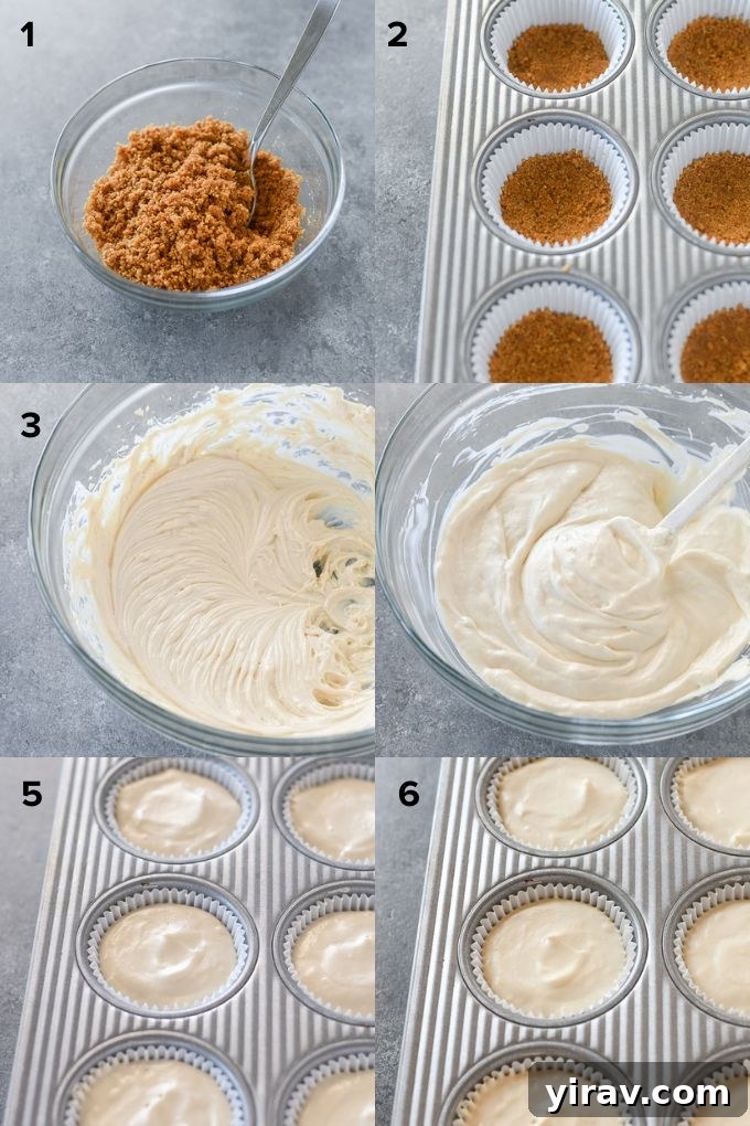 No-Bake Cheesecake Bites 5 A visual step-by-step guide showing the process of making no bake mini cheesecakes, from pressing the crust to spooning the filling.