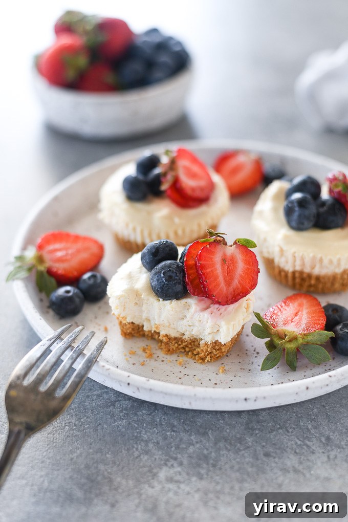 No-Bake Cheesecake Bites 7 A mini no bake cheesecake perfectly cut in half, revealing its creamy filling and firm graham cracker crust, topped with fresh berries.