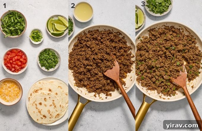 Visual steps demonstrating how to prepare ground beef taco meat in a skillet.