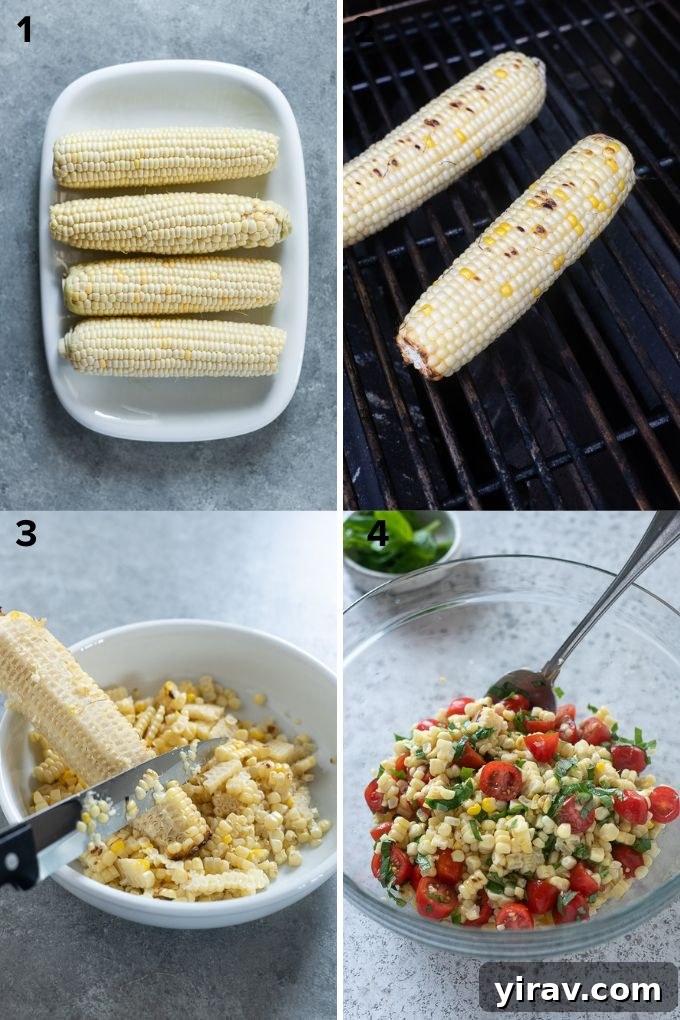 Vibrant Summer Corn and Tomato Medley 5 Cooked corn on the cob being sliced off the cob into a bowl, showing the preparation step