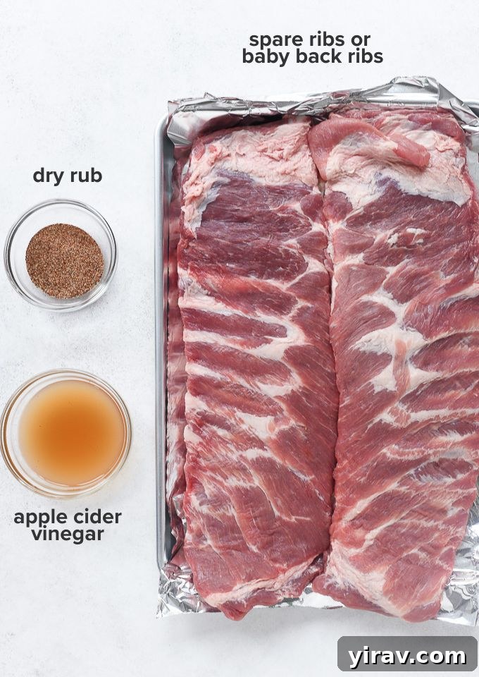 Raw pork ribs with spices and other ingredients for Instant Pot ribs recipe.