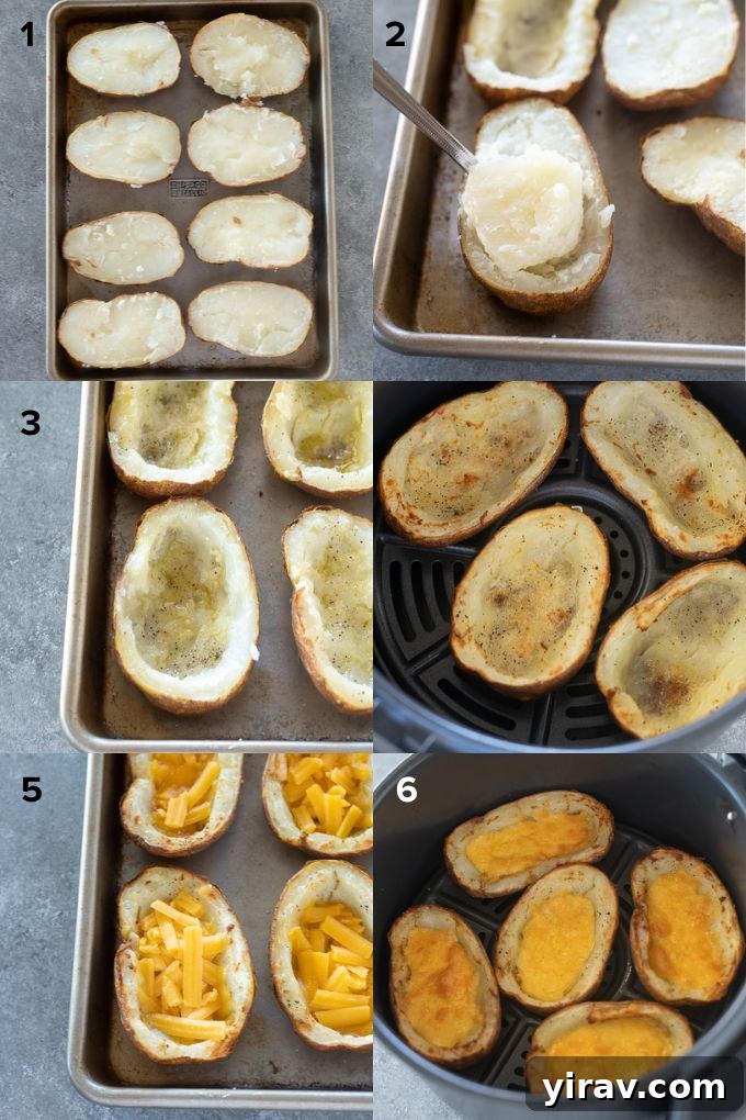 Step-by-step images showing how to prepare potato skins in an air fryer from baking to filling