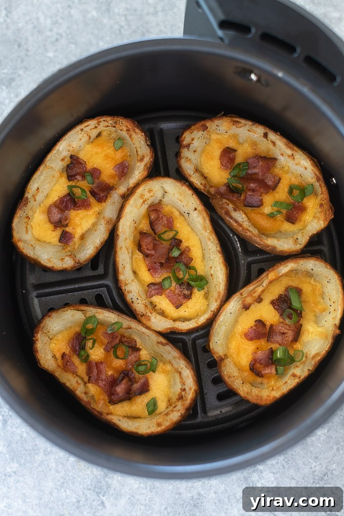 Close up of crispy air fryer potato skins fresh out of the air fryer with melted cheese