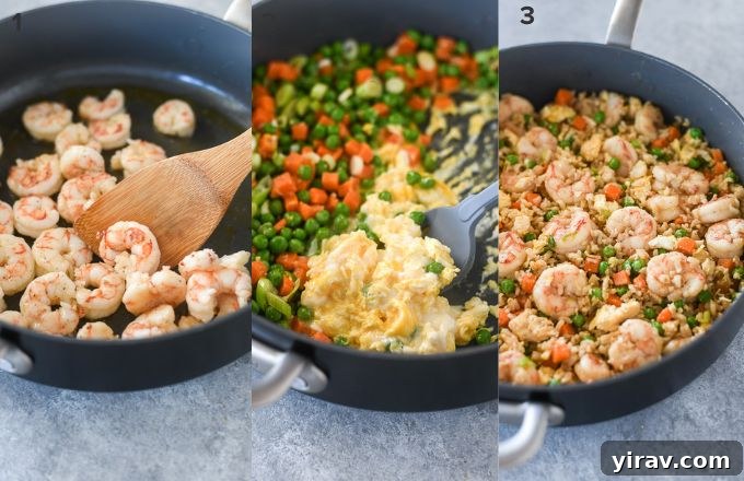 Three-panel image demonstrating how to make shrimp fried rice: cooking shrimp, adding vegetables, and then combining with rice and egg