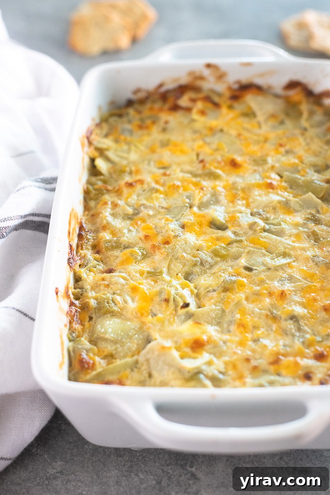 Irresistible Hot Artichoke Dip 3 Close-up of bubbling hot artichoke dip in a white ceramic baking dish, showing melted cheese and visible artichoke pieces.