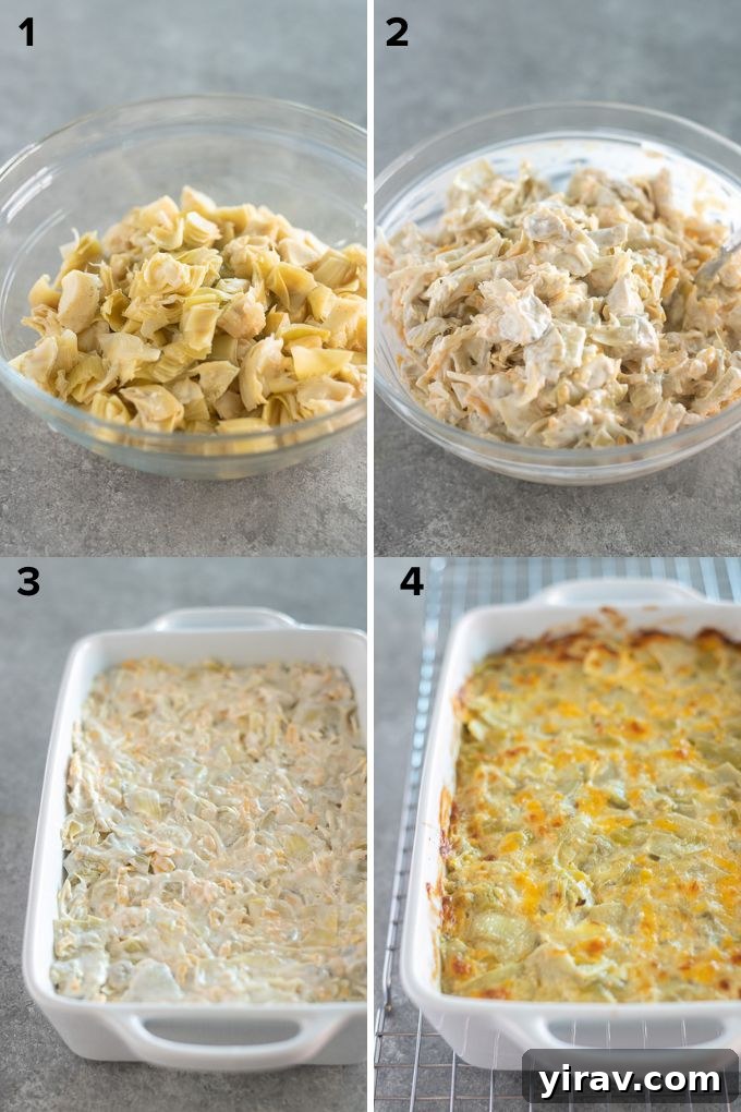 Irresistible Hot Artichoke Dip 5 A bowl of mixed hot artichoke dip ingredients before baking, showing the creamy texture and visible pieces of artichoke and cheese.